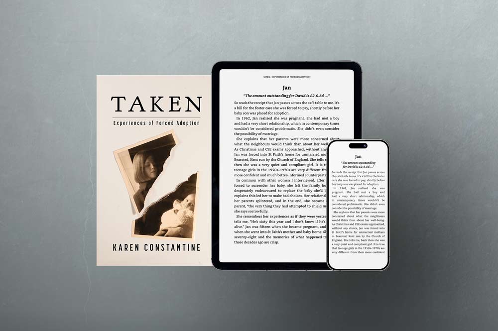 Book cover and content on iPad and iPhone screens